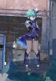 Pandoria from Xenoblade 2, a heavily pixellated from zooming woman dressed in purple, with some kind of top, shorts, tall boots, short cyan hair with some kind of blurry decoration, and probably pointy ears